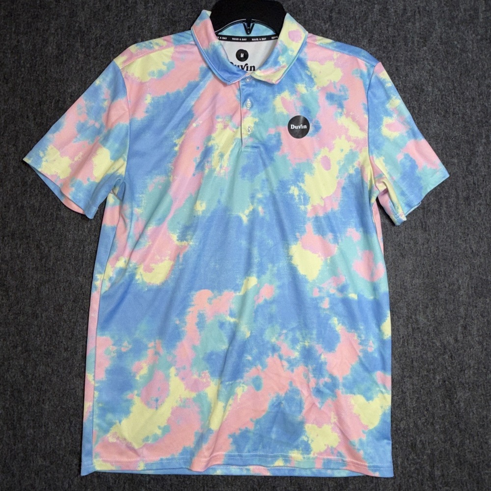 Duvin Men's Golf Polo Shirt Short Sleeve Size Medium Tie‎ Dye Colorful Casual